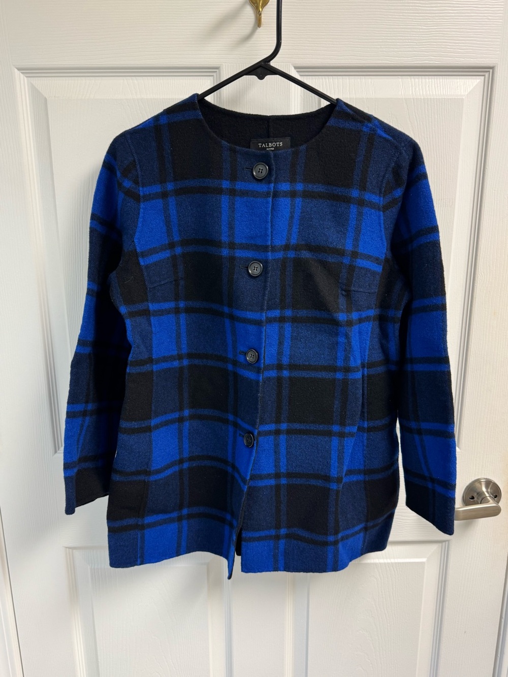 Talbots Black and Blue Plaid Round-Neck Jacket Wool Blend MP